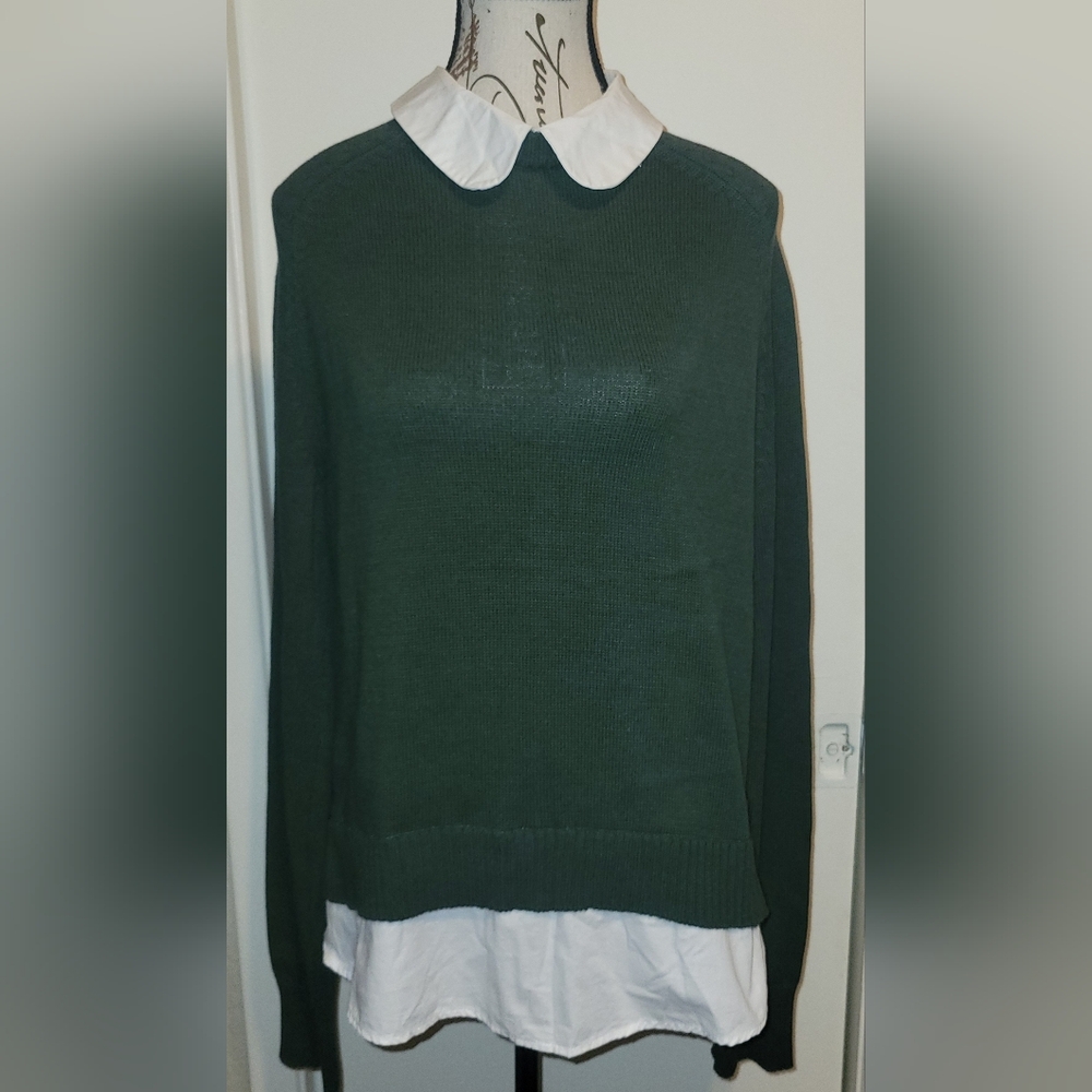 Modcloth Holiday Lane Twofer Sweater Collared 100% Cotton Green Women Med Preppy
